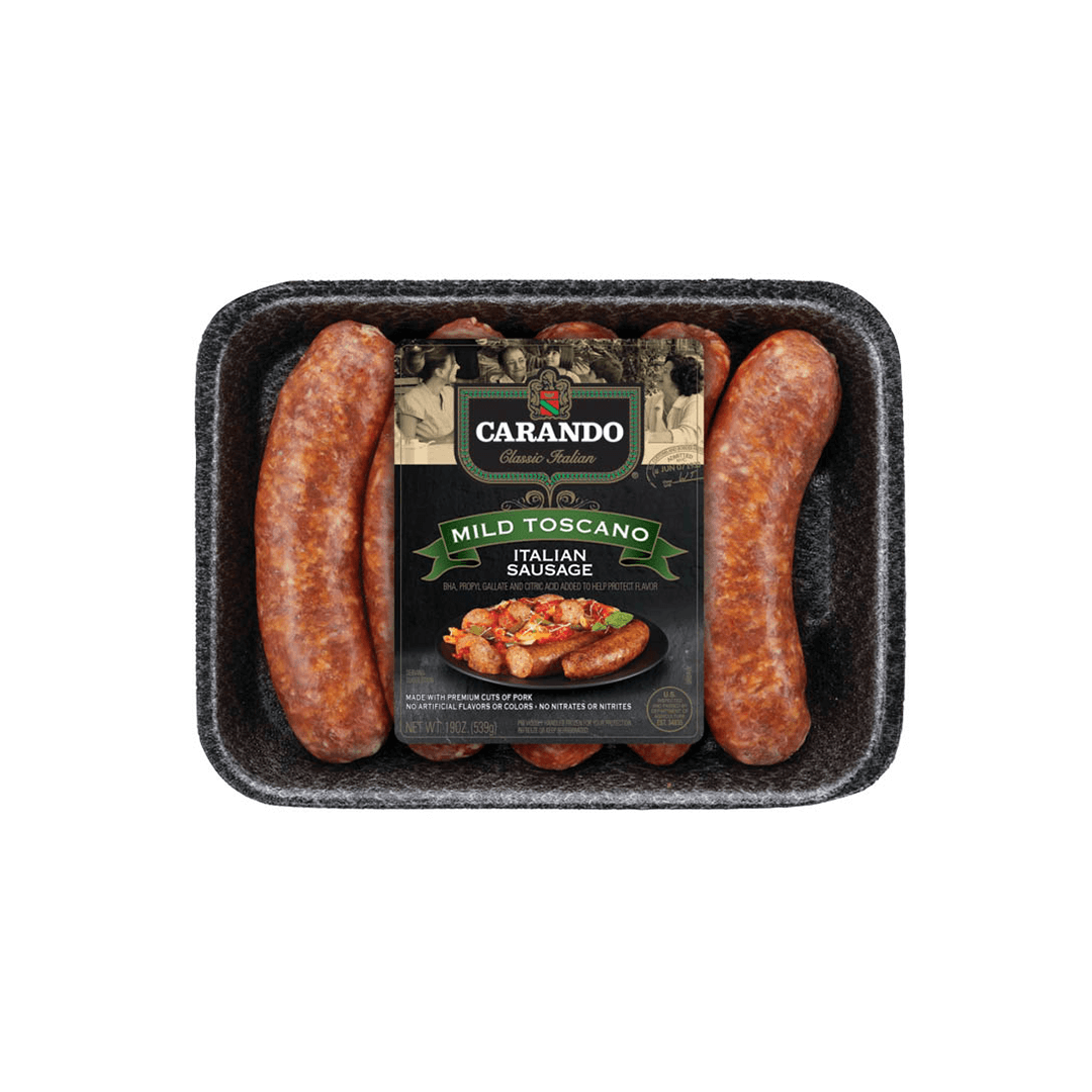 Carando Mild Toscano Italian sausage, black tray, vintage label design.