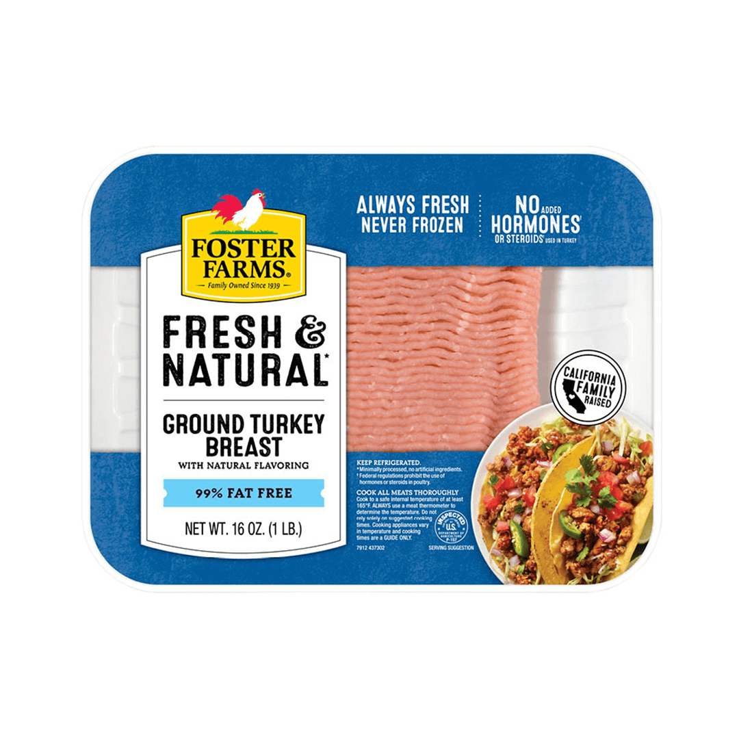 
Foster Farms ground turkey in a blue package, 99% fat-free, 16 oz, with recipe image.