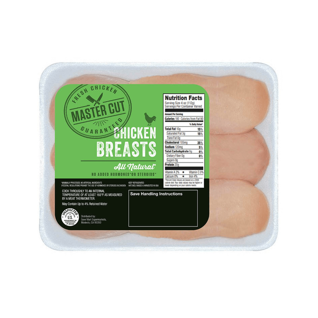 Master Cut all-natural chicken breasts in a white and green tray with nutrition facts.