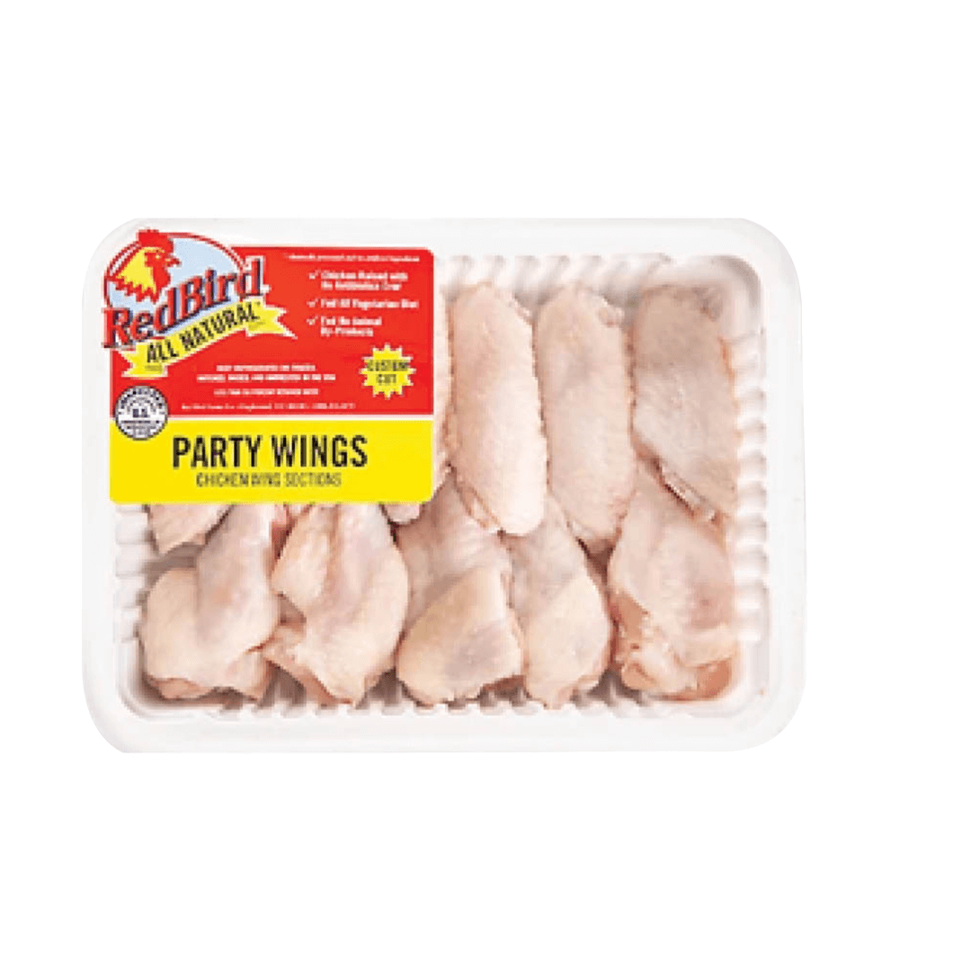 Red Bird all-natural party wings in a white tray with red label.