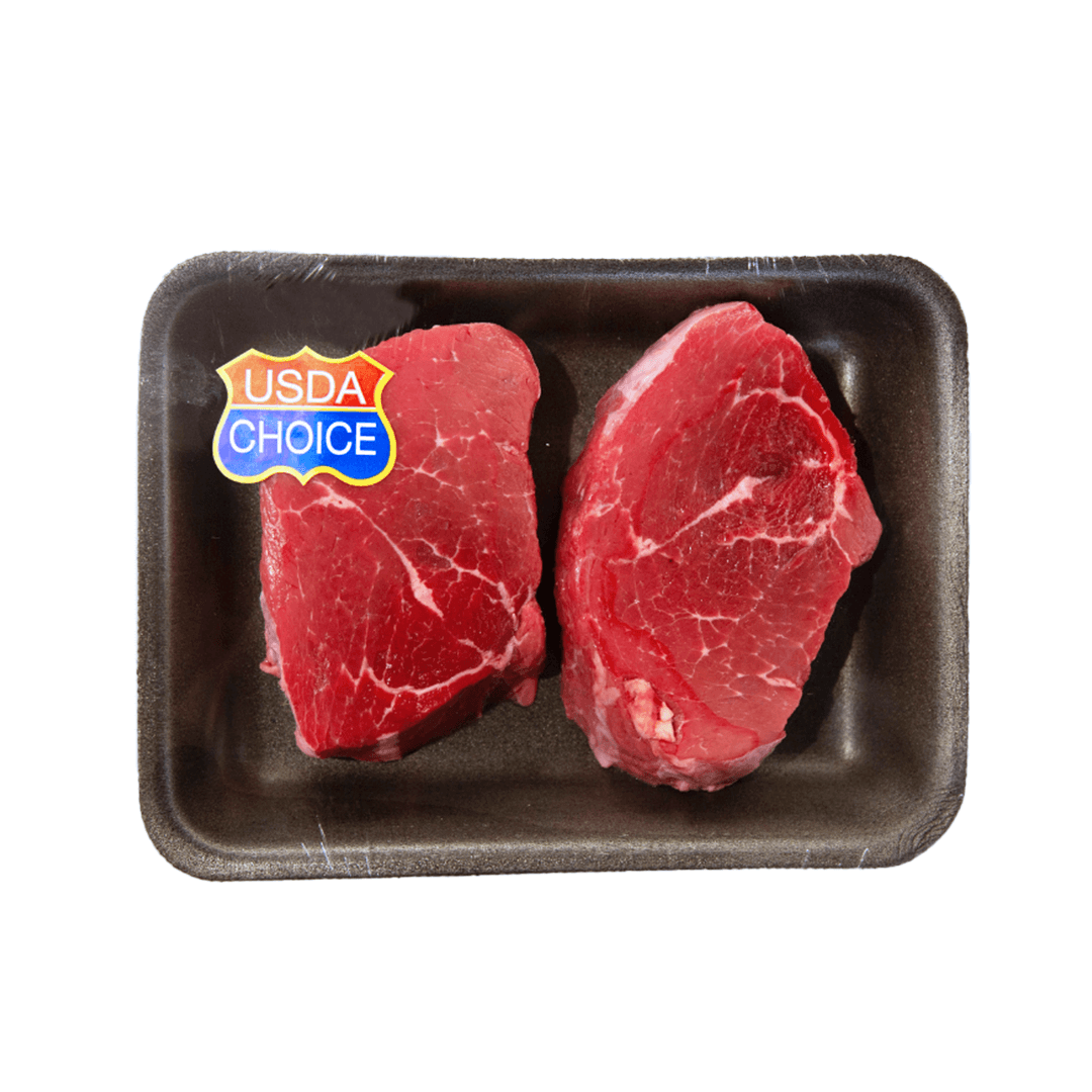 Two raw USDA Choice beef steaks on black packaging tray.