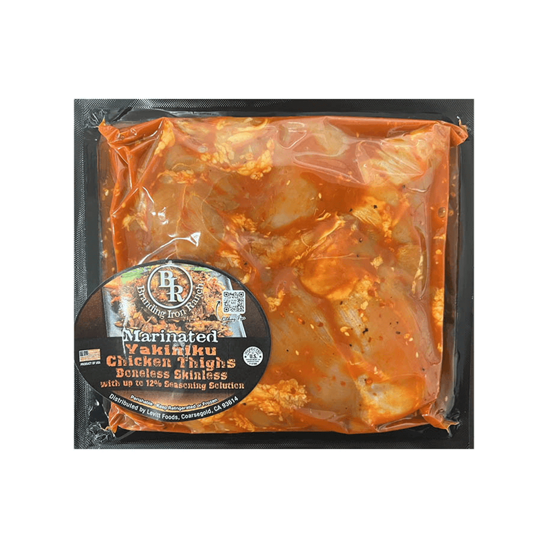 
Marinated Yakiniku boneless chicken thighs in orange packaging.