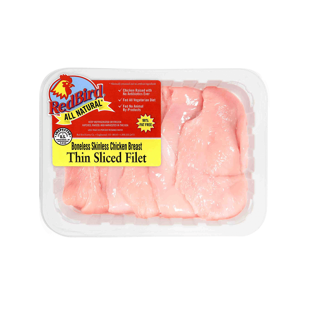 
Red Bird thin sliced chicken breast filets in a white tray, yellow and red label.