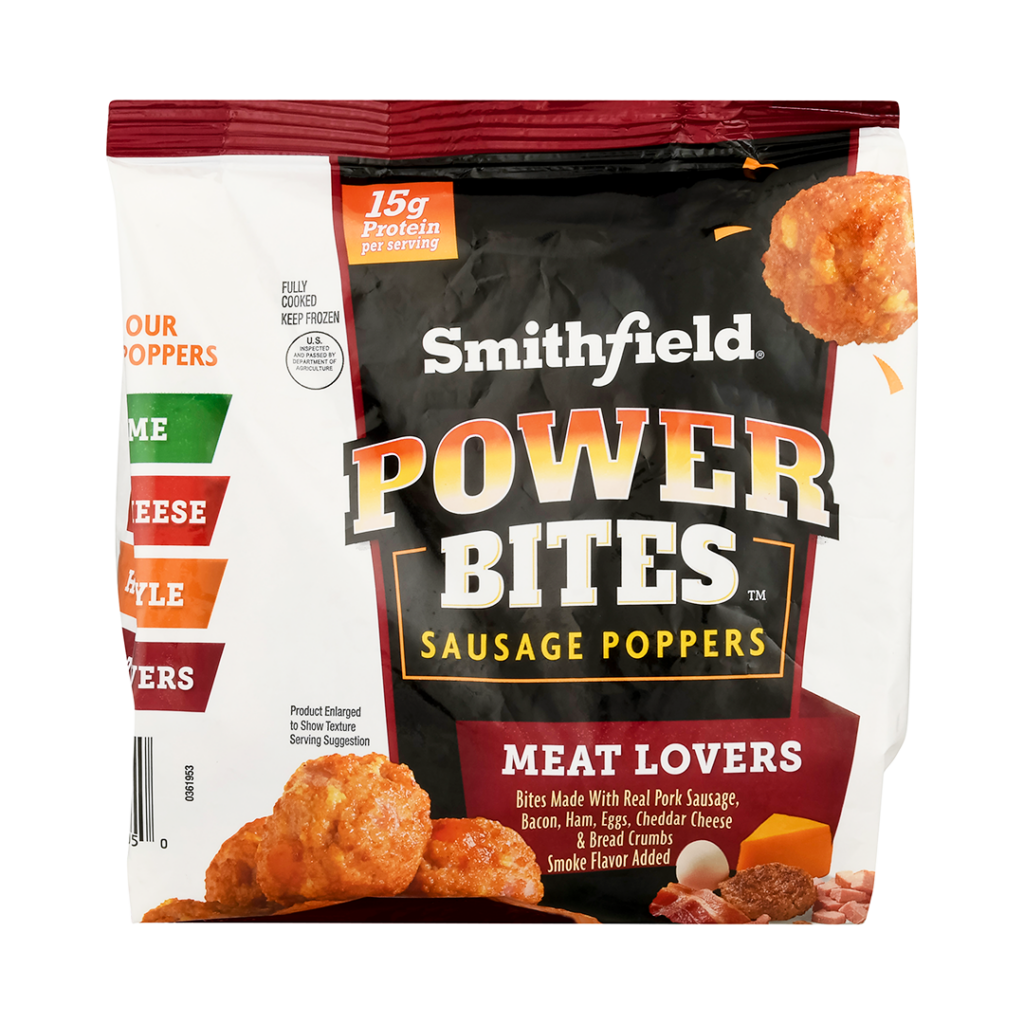 Smithfield Power Bites for meat lovers. Bites made with real pork sausage, bacon, ham, eggs, cheddar cheese and bread crumbs smoke flavor added.