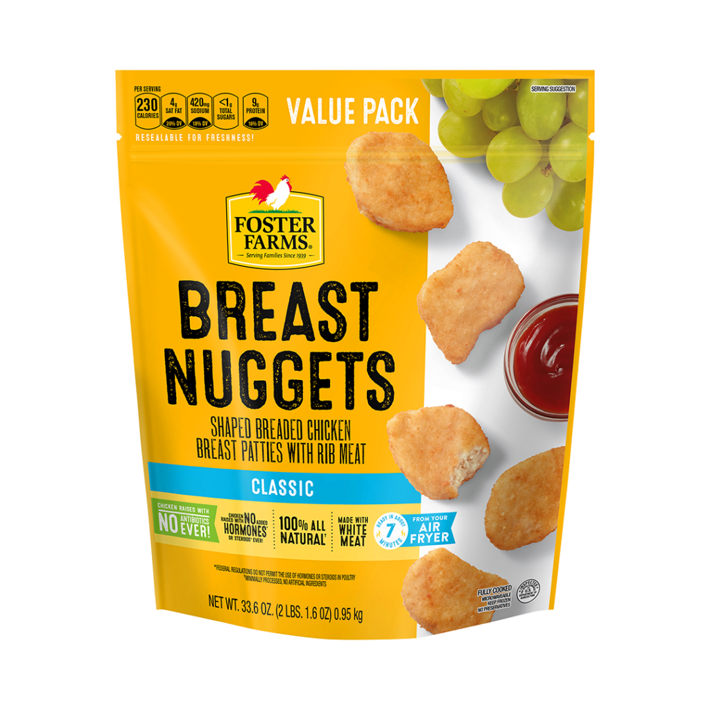 Foster Farms chicken breast nuggets in a yellow value pack bag.