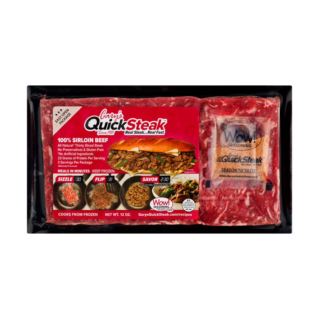 Gary's Quick Steak - 100% Sirloin Beef. All natural thinly sliced steak. No preservatives and Gluten Free. No artificial ingredients.