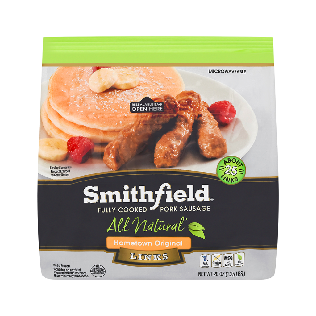 Smithfield fully cooked pork sausage all natural. microwaveable in resealable bag. about 25 links.