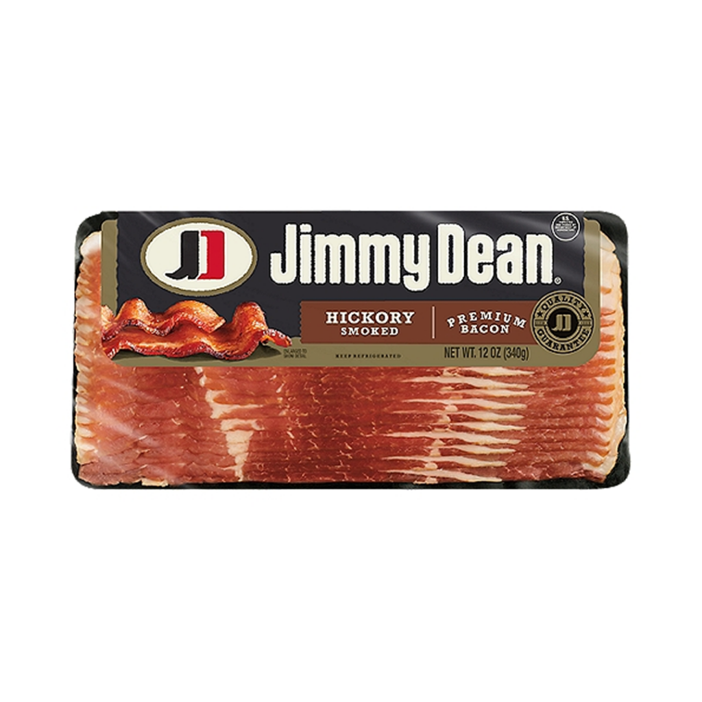 Pack of sliced bacon with visible marbling, in dark-colored packaging.